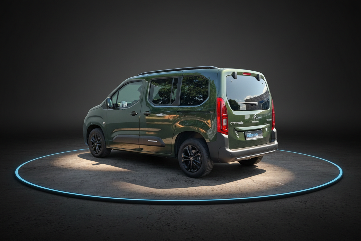 Citroën Berlingo Shine Pack XTR in Olivgrün, Heckansicht auf dunklem Studiohintergrund