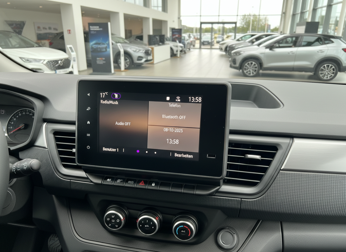 Renault Innenraum Infotainment-Display mit Radio, Telefon und Bluetooth-Einstellungen im Autohaus
