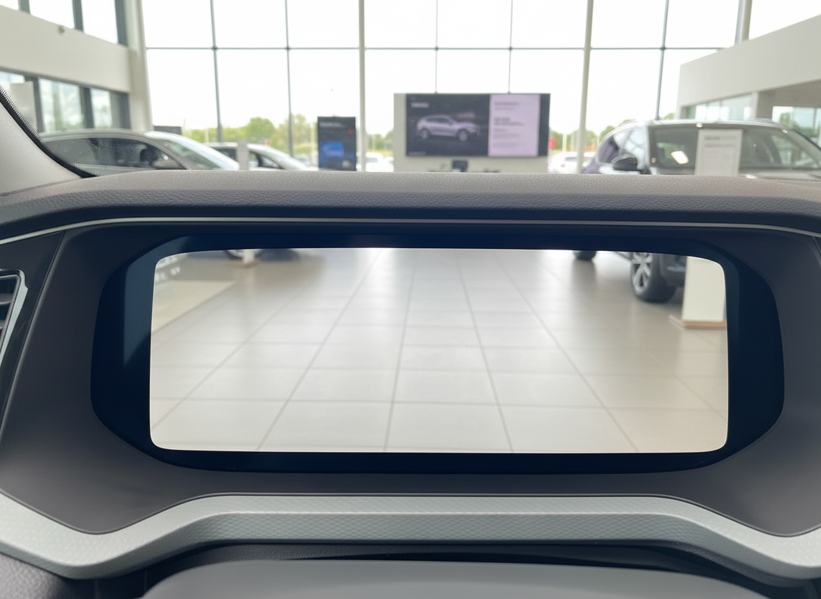 Fahrzeug-Infotainment-Display im Innenraum eines Autos im Autohaus