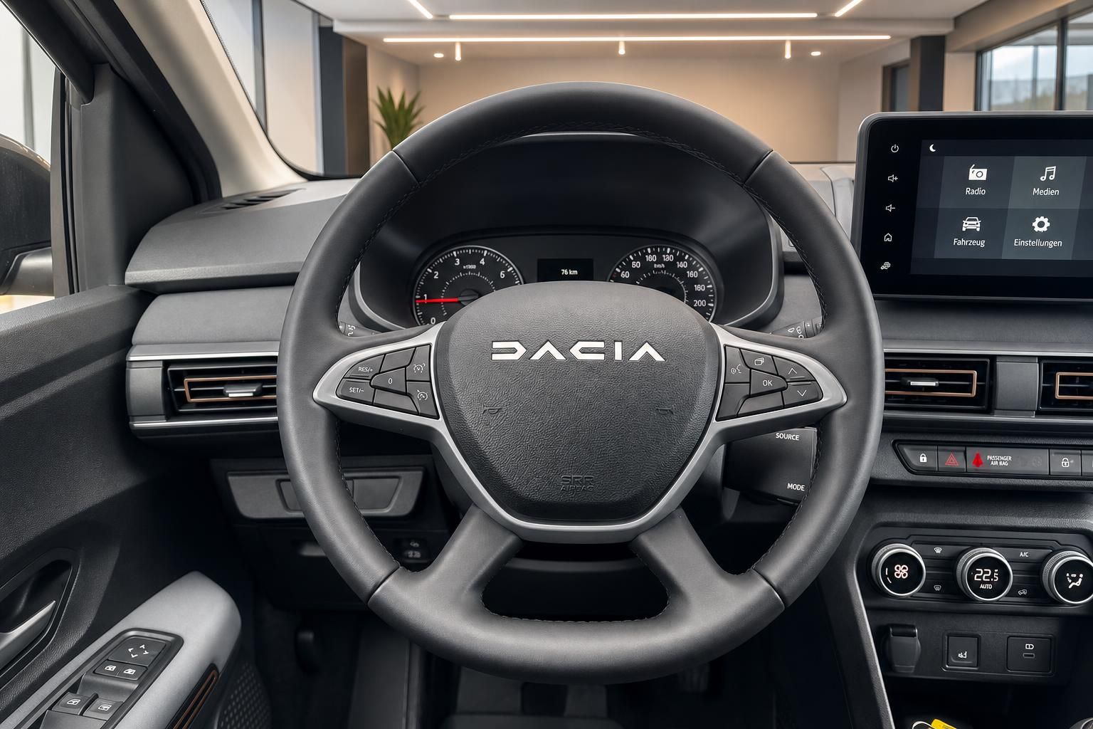 Dacia Fahrzeug Innenraum mit Lenkrad, Armaturenbrett und Infotainment-System