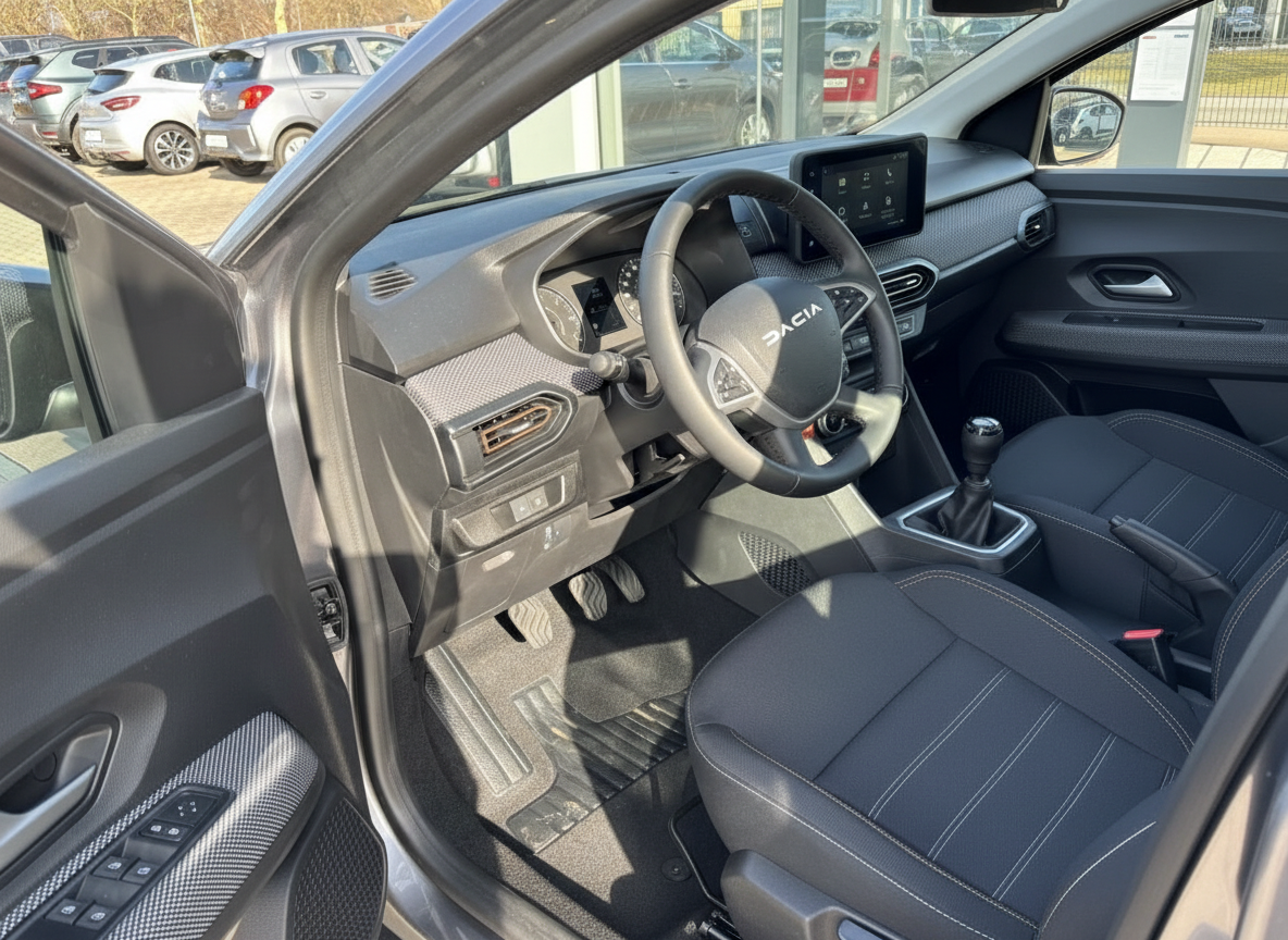 Dacia Innenraum mit Lenkrad, Schaltgetriebe und Touchscreen-Infotainment