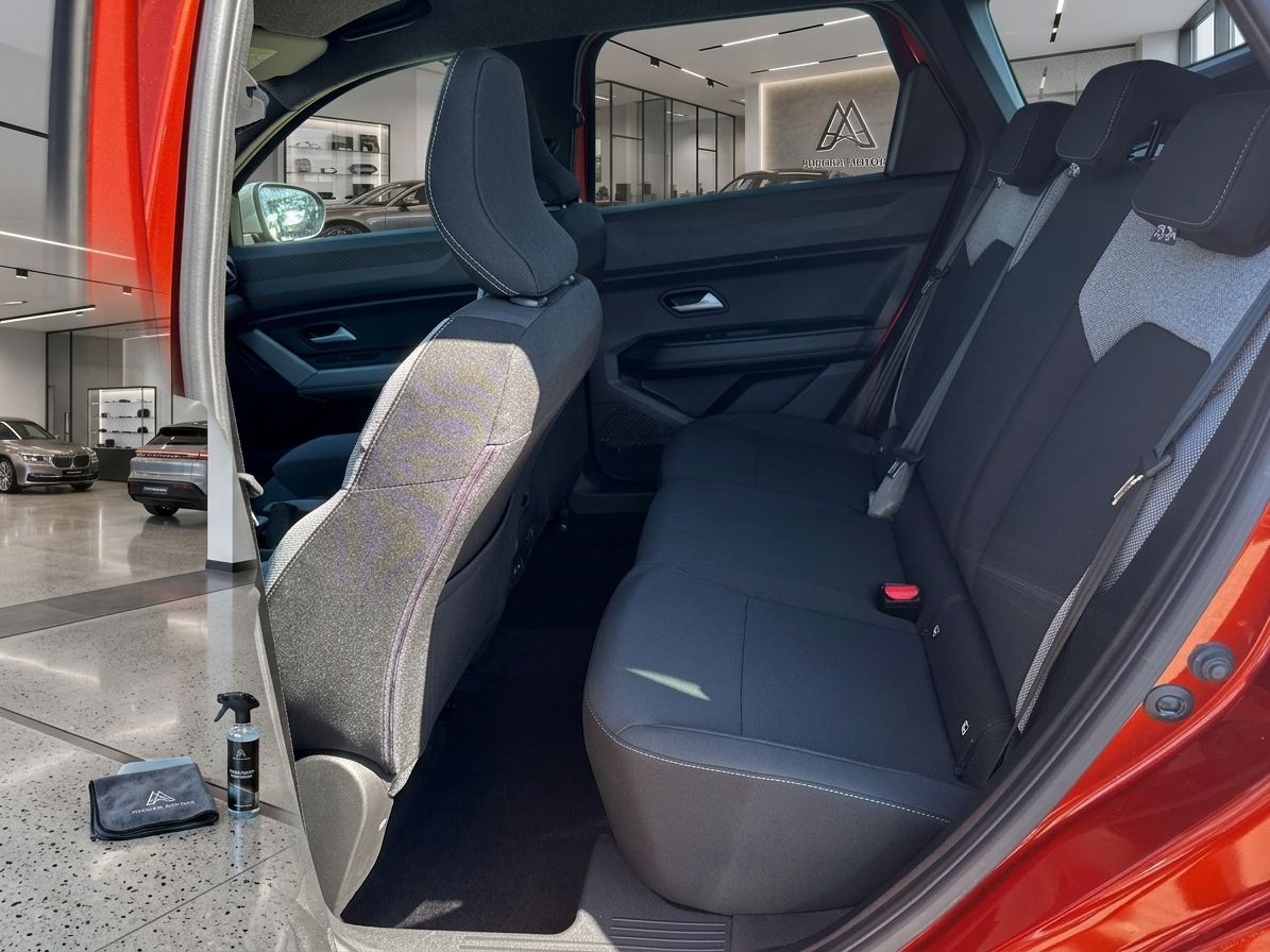 Rücksitzbereich eines Fahrzeugs mit dunklen Ledersitzen und Autohaus im Hintergrund