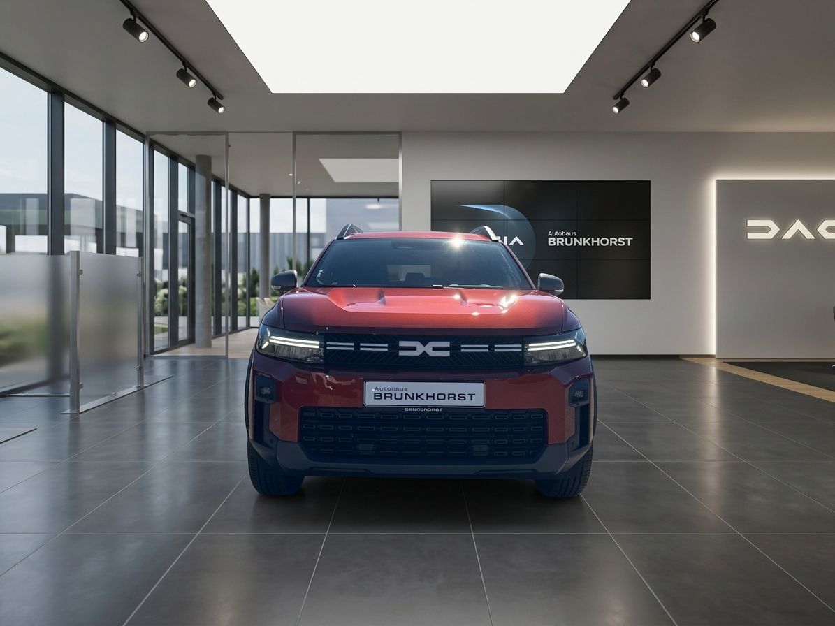 Dacia Bigster SUV Frontansicht in Orange - LED-Scheinwerfer und charakteristisches Design