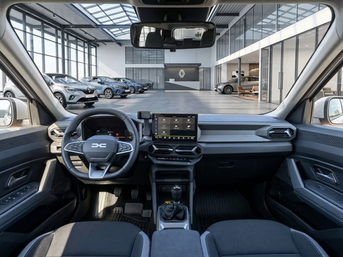 Modernes Fahrzeug-Cockpit mit digitalem Display und Blick auf Autohaus-Showroom