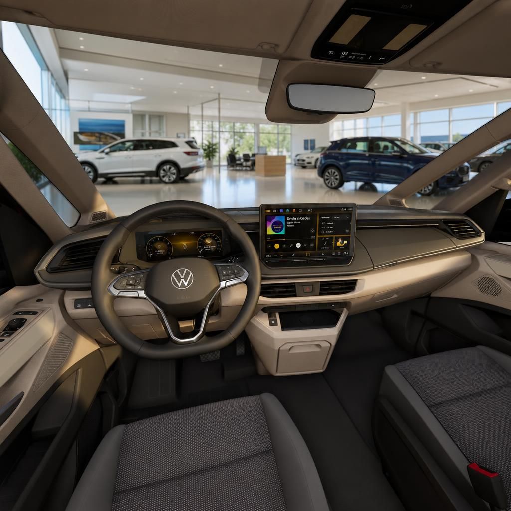 VW California Innenraum: Cockpit mit Lenkrad und Infotainment-Display