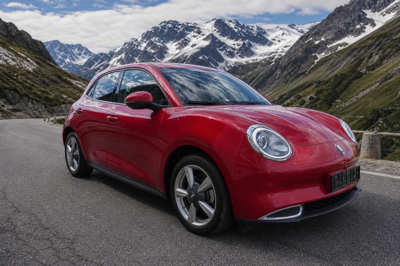 GWM ORA roter Elektro-Kleinwagen Frontansicht schräg vor Alpenkulisse