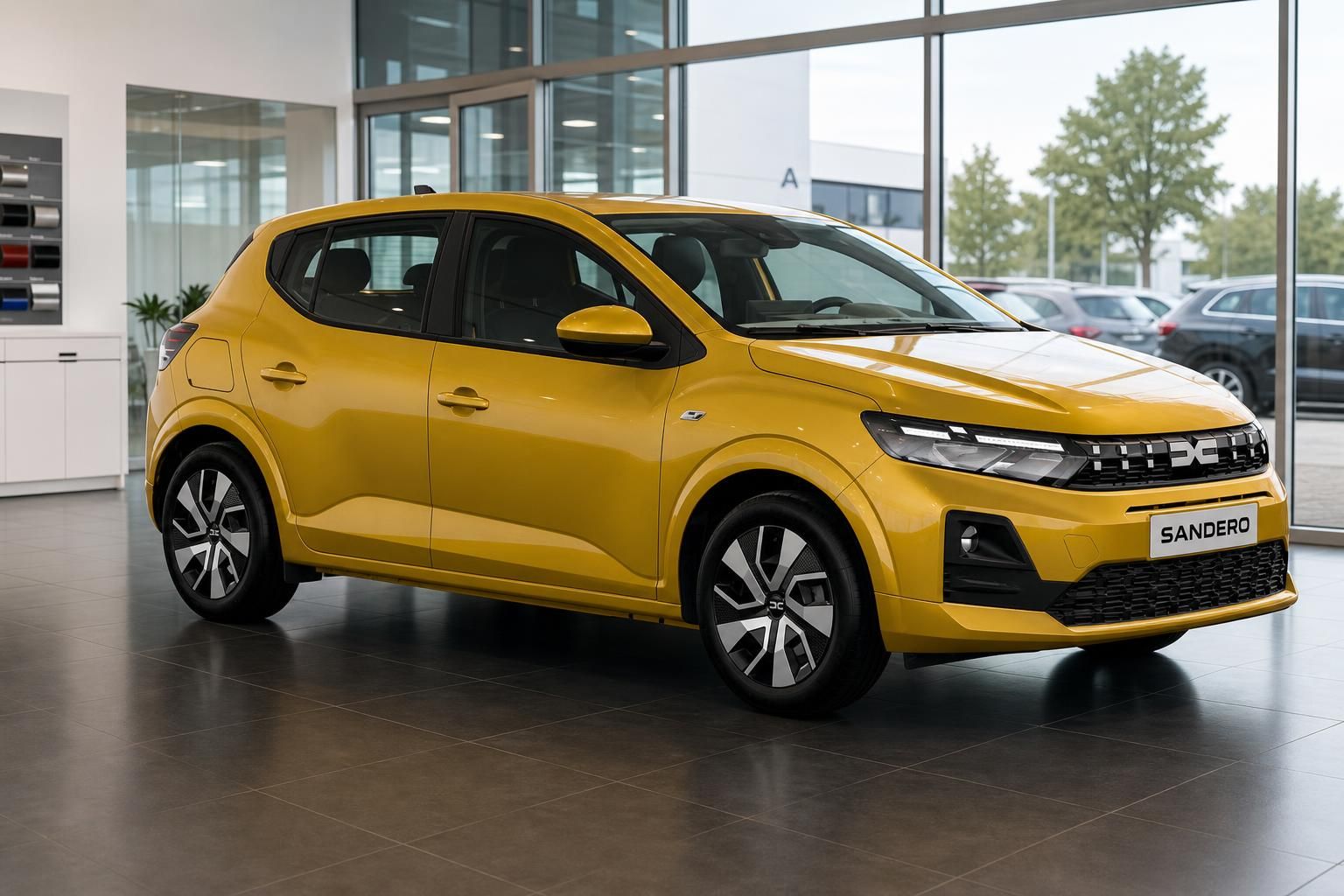 Dacia Sandero in gelb - Frontansicht des sportlichen Kleinwagens mit markanten LED-Scheinwerfern