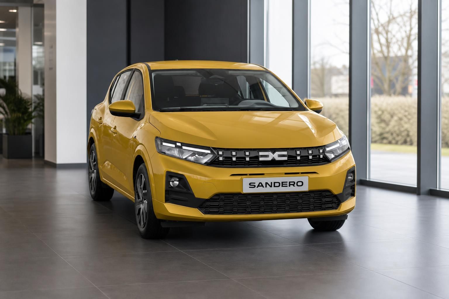 Gelber Dacia Sandero Kleinwagen im Autohaus Showroom - Frontansicht mit schwarzen Akzenten