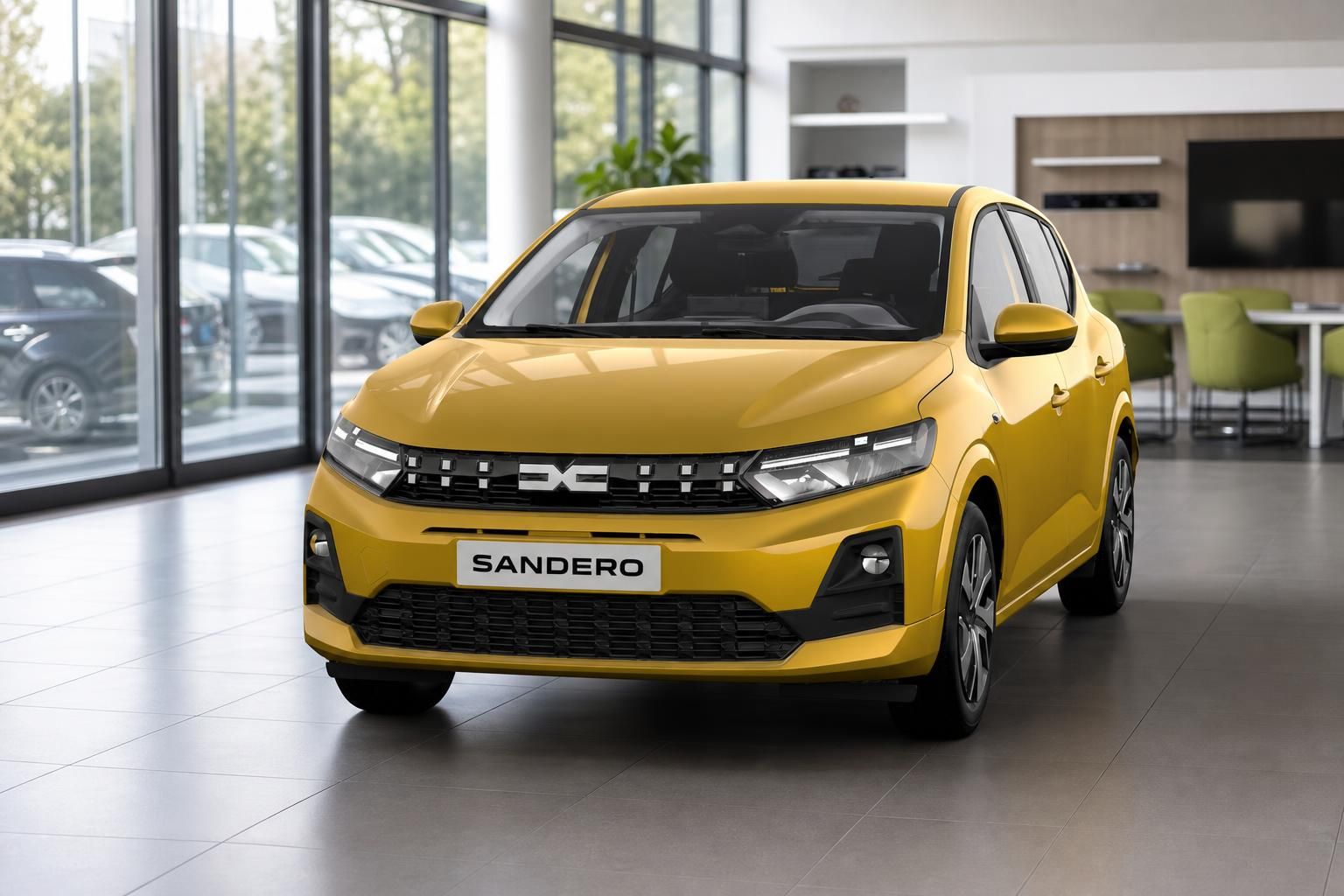 Dacia Sandero in gelb - Dreiviertel-Frontansicht im modernen Autohaus mit Glasfassade
