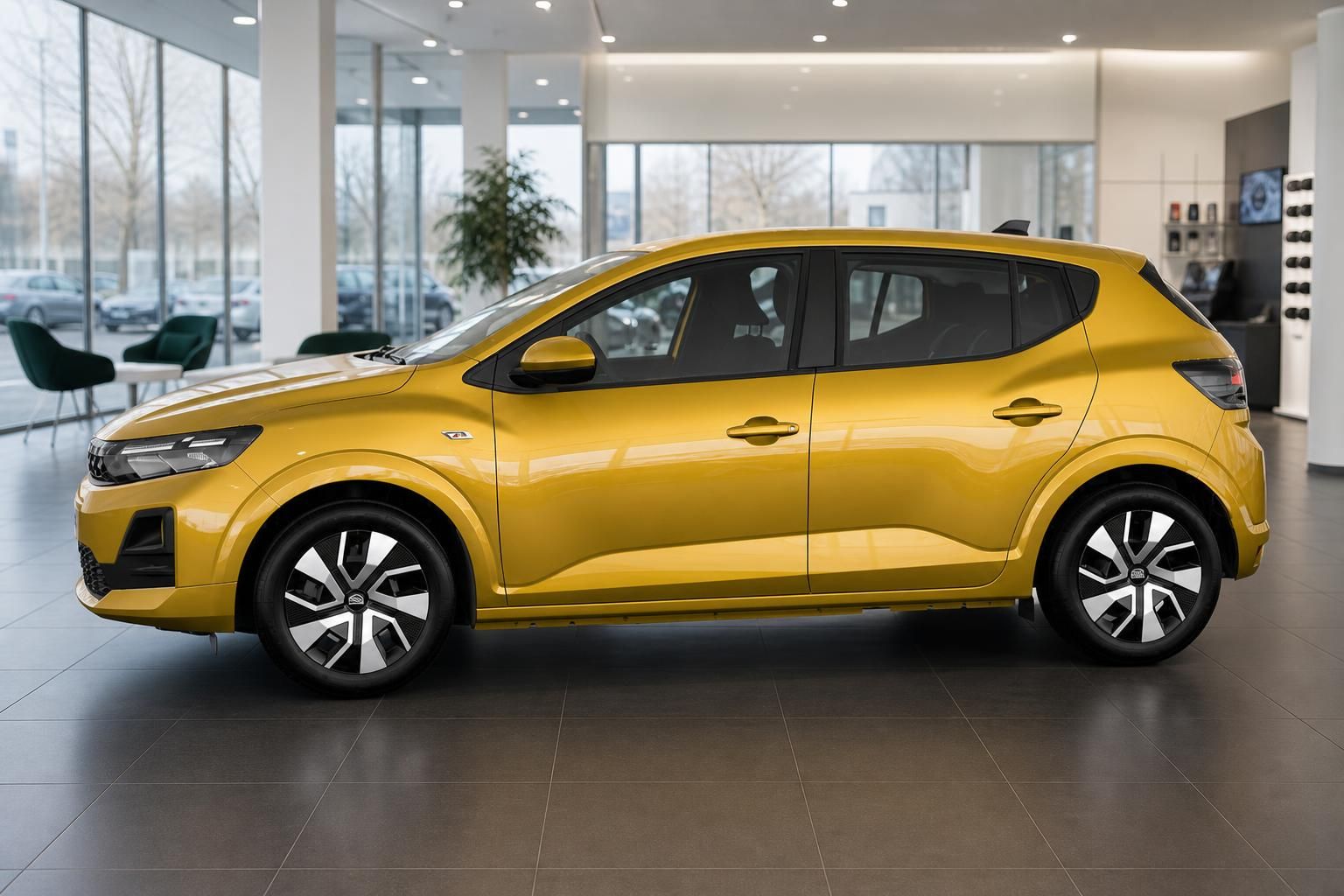 Dacia Sandero in gelb - Seitenansicht von links im modernen Autohaus-Showroom