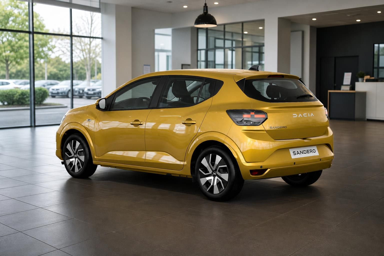 Dacia Sandero gelb - Dreiviertel-Heckansicht zeigt sportliches Design und Dacia-Markenschriftzug