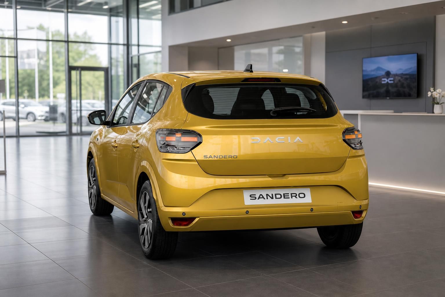 Dacia Sandero gelb - Heckansicht mit Dacia-Logo und Sandero-Schriftzug im Showroom