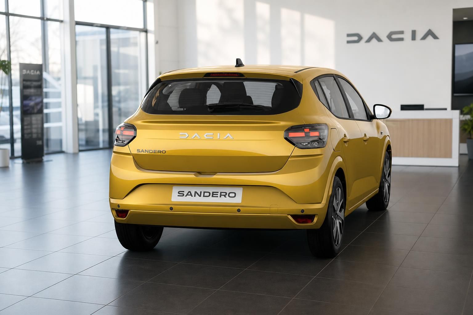 Dacia Sandero in gelb - Heckansicht des Kleinwagens im modernen Autohaus-Showroom