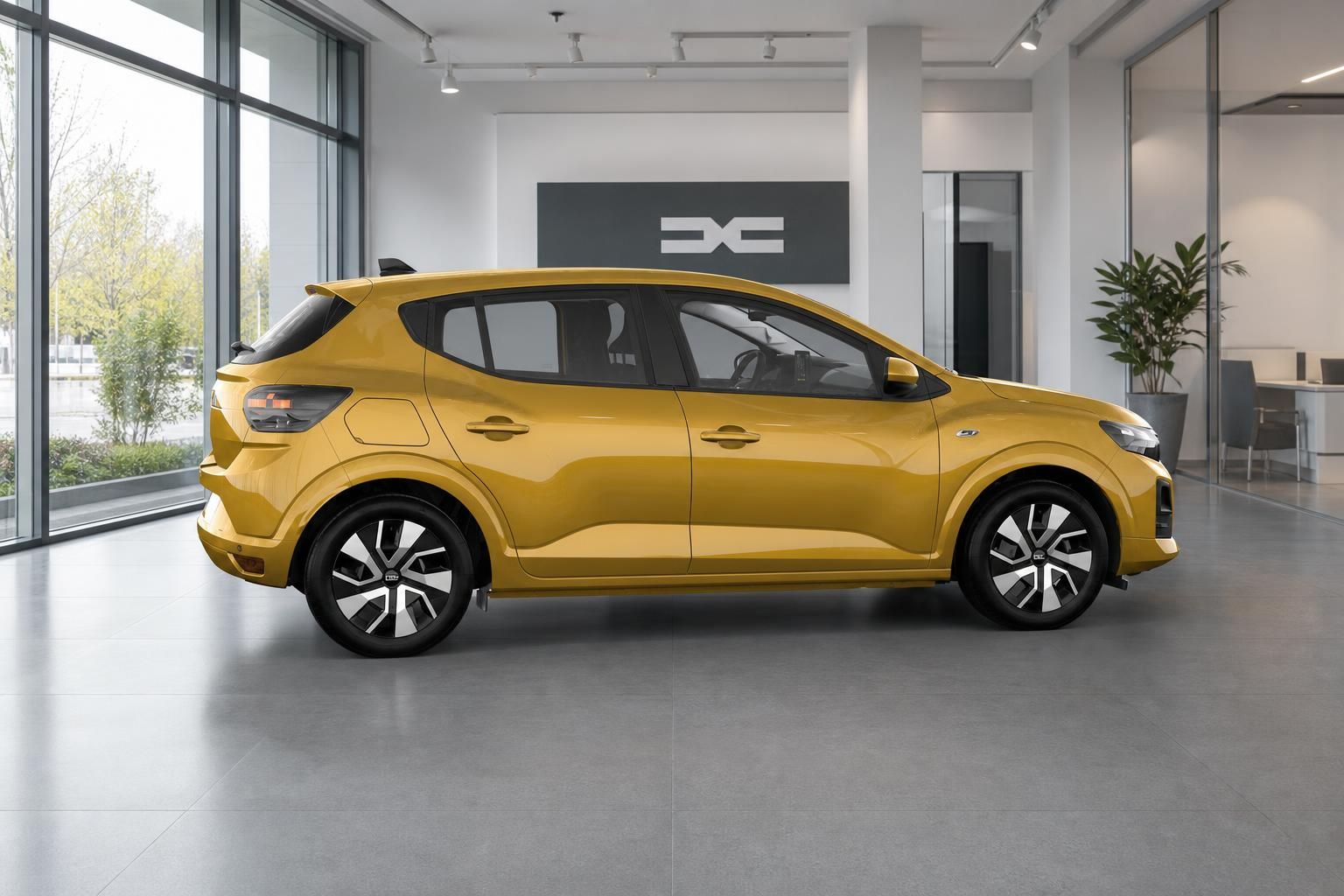 Dacia Sandero gelb - Seitenansicht des kompakten Stadtautos im hellen Ausstellungsraum