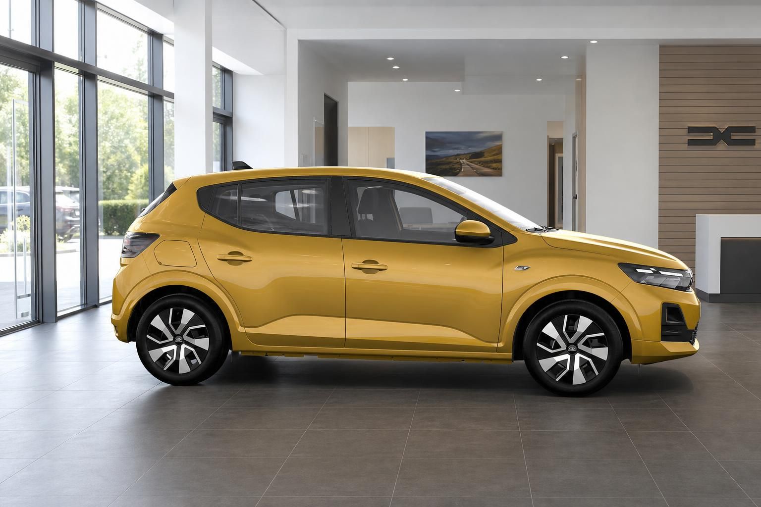Dacia Sandero in sonnengelb - Seitenprofil des fünftürigen Kleinwagens im Autohaus-Showroom