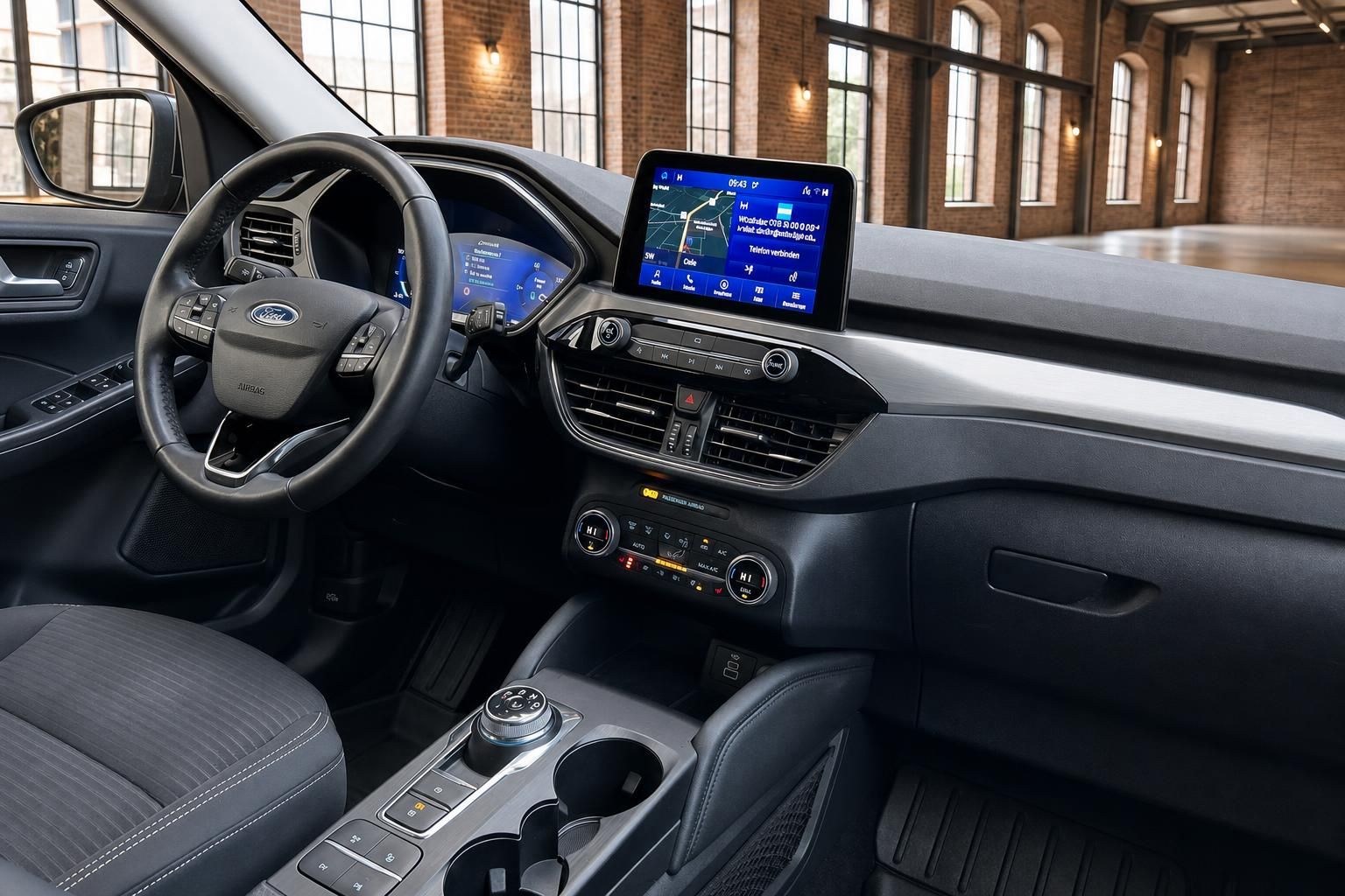 Ford Cockpit mit Lenkrad und Touchscreen Navigationssystem im Detail
