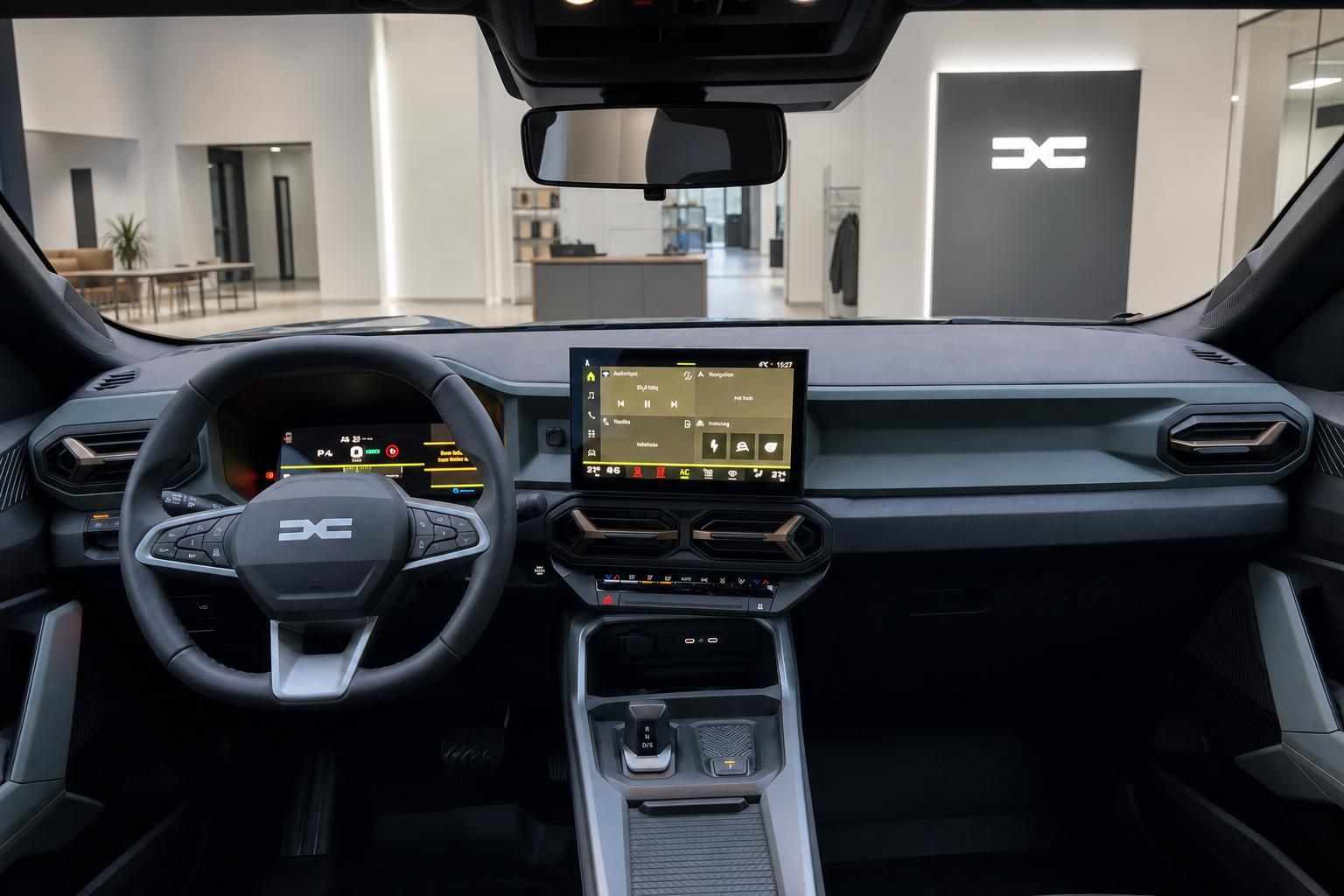 Dacia Bigster Cockpit mit Lenkrad und Touchscreen im Showroom
