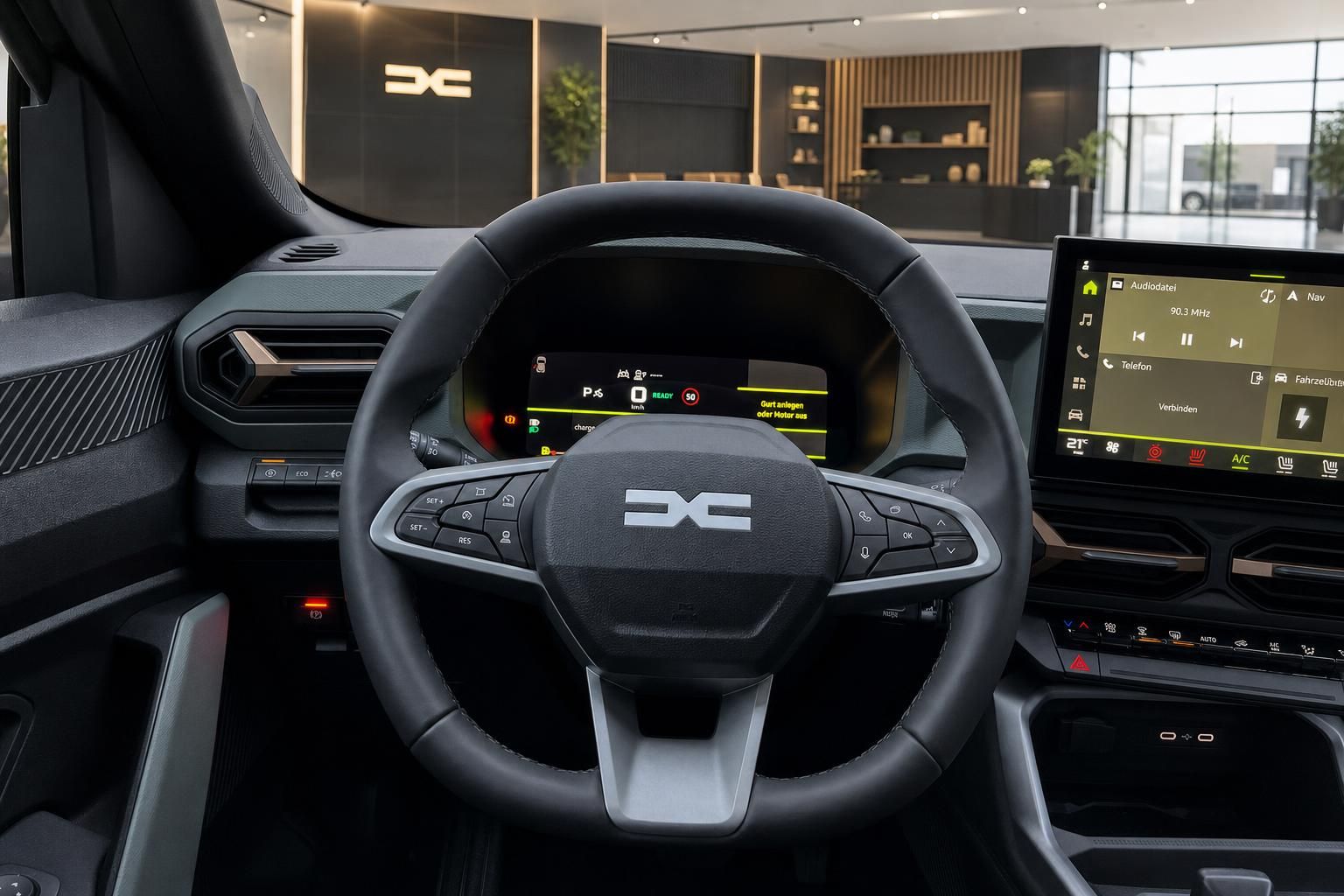 Lenkrad mit Digitalanzeige und Infotainment-Display im Innenraum