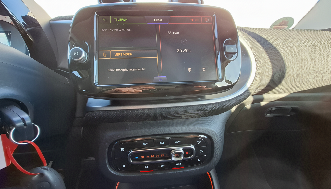 Infotainment-Display eines Smart Fahrzeugs mit DAB-Radio auf 80s80s Sender, Telefon-Menü in deutscher Sprache und Klimaanlage-Bedienfeld im Cockpit