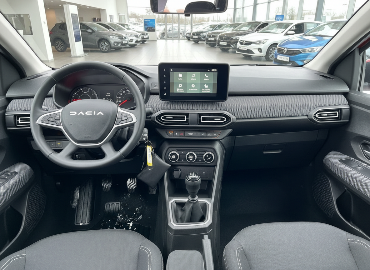 Dacia Innenraum mit Lenkrad, Touchscreen und Schaltgetriebe im Autohaus