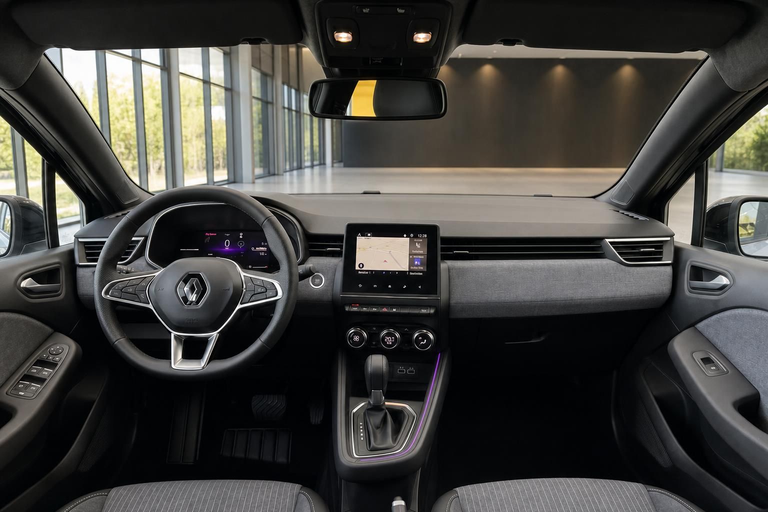 Renault Armaturenbrett Innenansicht - Lenkrad, Touchscreen, Klimaanlage und graue Verkleidung