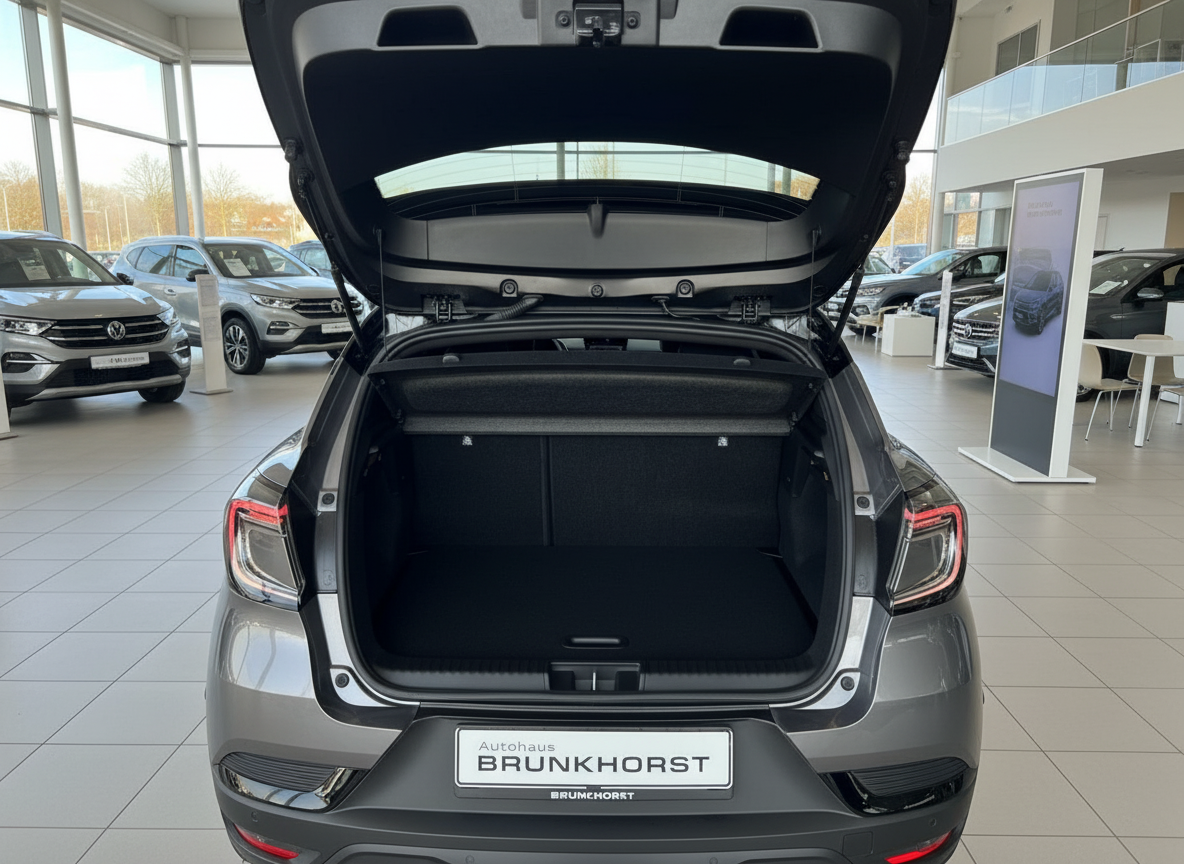 Grauer Kompakt-SUV mit geöffnetem Kofferraum im Autohaus Brunkhorst Showroom