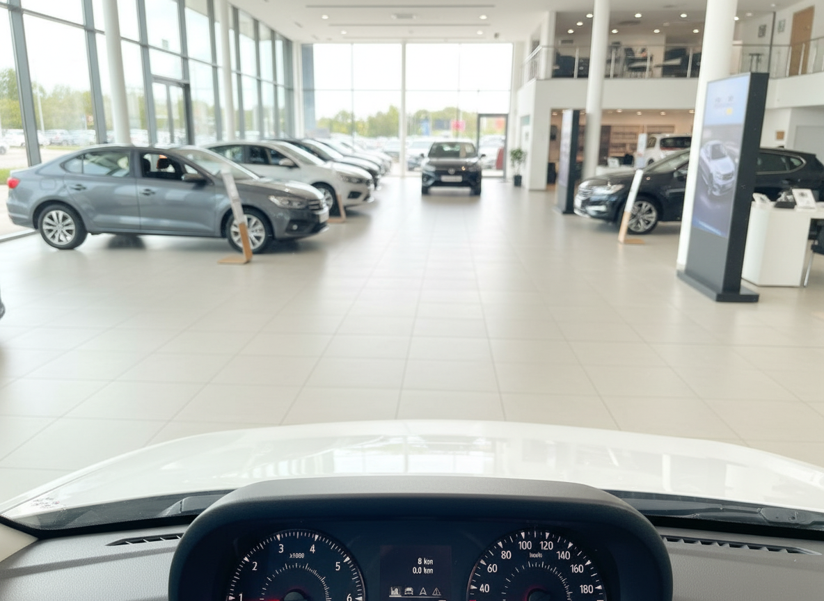 Blick aus Fahrzeugkokpit in modernen Autohaus-Showroom mit mehreren Neuwagen