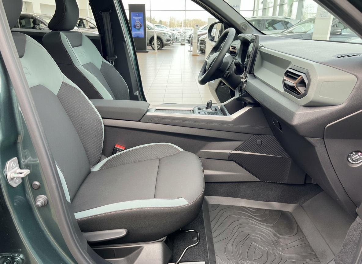 Modernes SUV Innenraum mit schwarzen Sportsitzen und mintgrünen Akzenten im Autohaus