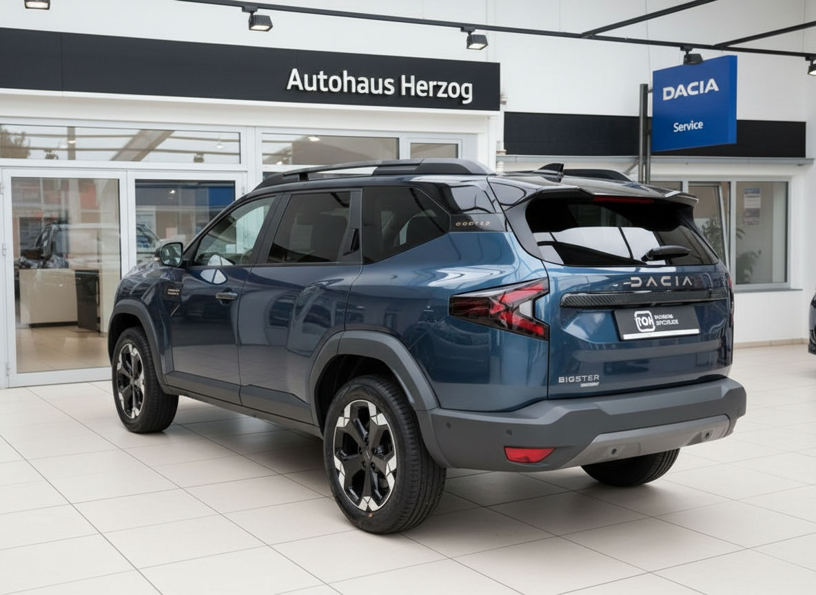 Dacia Bigster SUV in Blau Heckansicht beim Autohaus Herzog Dacia Händler