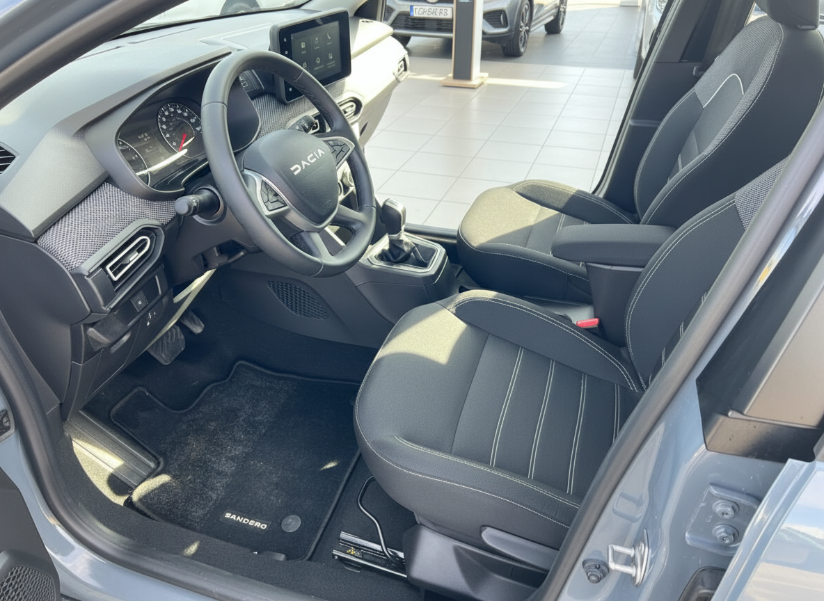 Dacia Sandero Innenraum mit schwarzen Stofssitzen, Lederlenkrad und Touchscreen-Infotainment