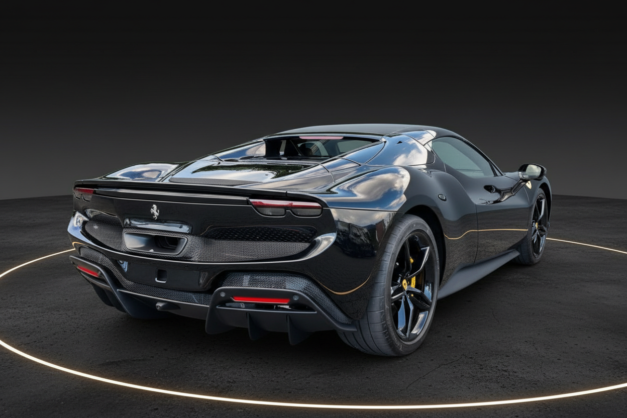 Ferrari 296 GTS in Schwarz, Heckansicht mit Prancing Horse Logo und gelben Bremssätteln