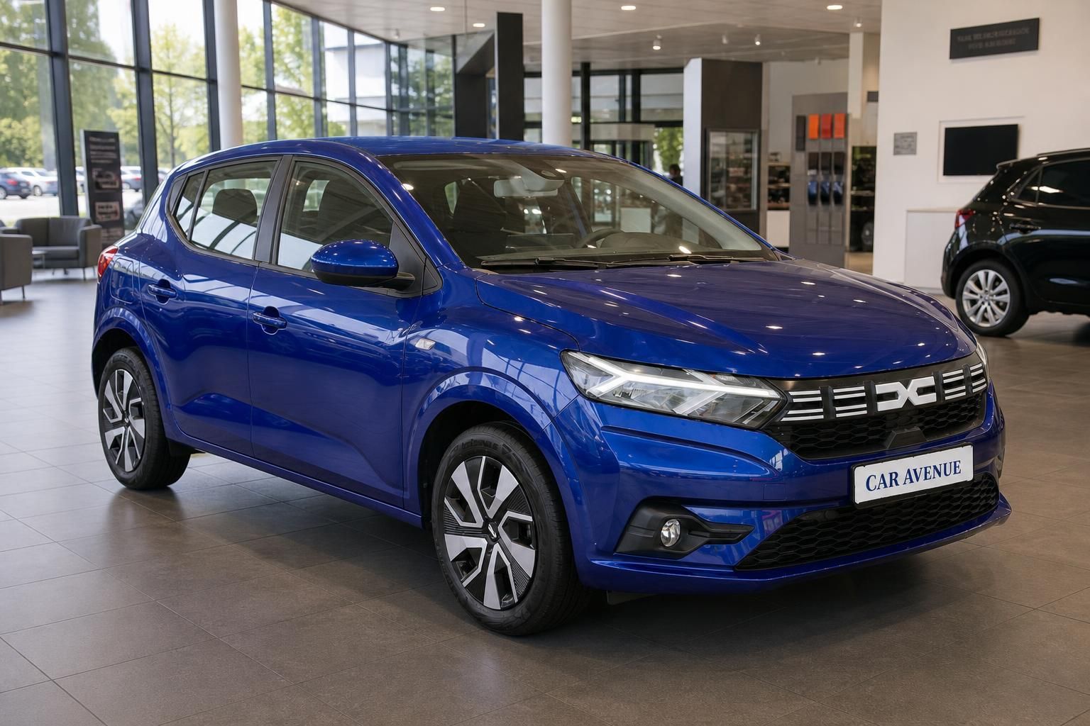 Dacia Sandero in Blau, Seitenansicht vorne im Showroom