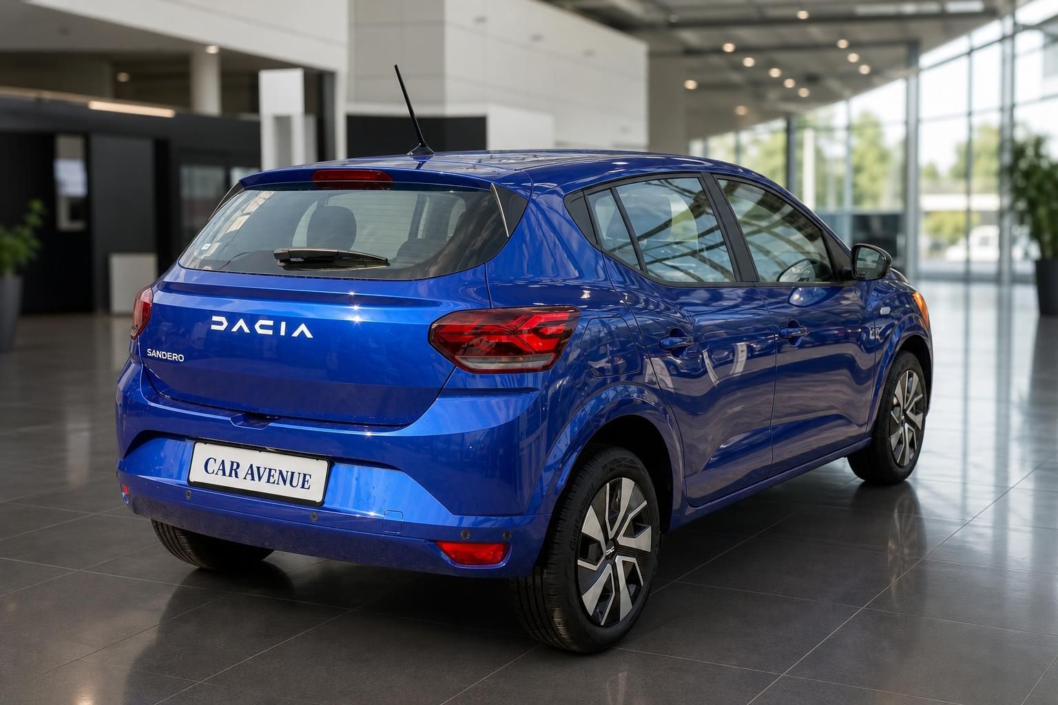 Dacia Sandero blau, Heckansicht seitlich im Autohaus