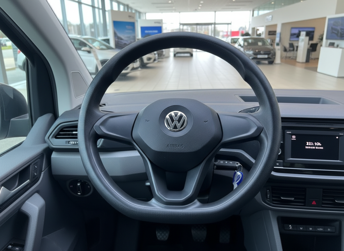Volkswagen Innenraum mit VW Lenkrad und Airbag, Touchscreen-Infotainment im Autohaus