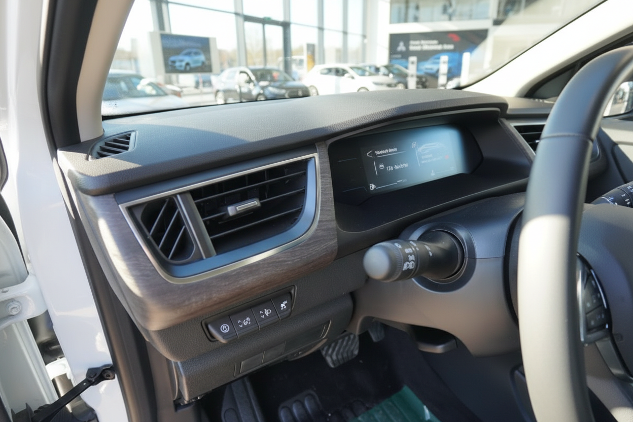 Fahrzeug Innenraum Cockpit mit Infotainment-Display, Holzdekor und Lüftungsdüsen