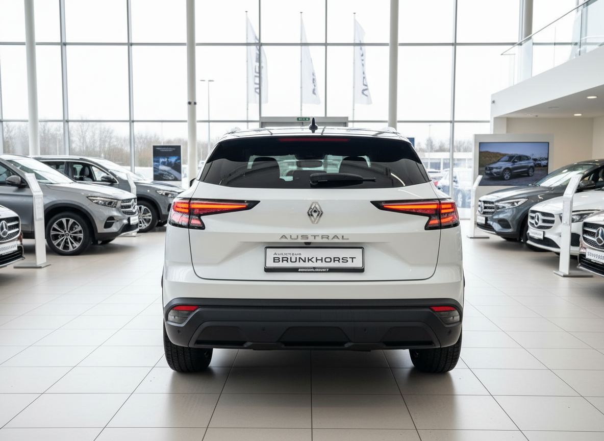 Renault Austral SUV Heckansicht weiß im Autohaus Brunkhorst Showroom
