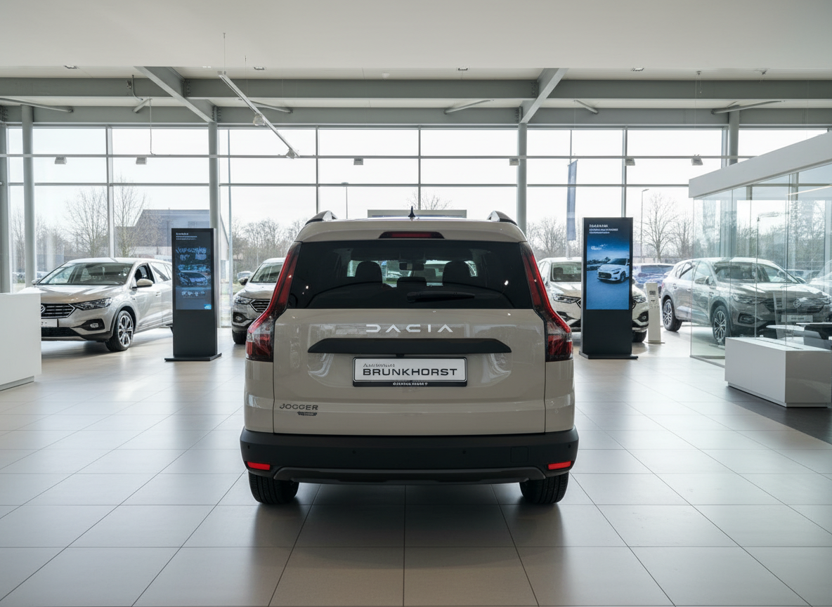 Dacia Jogger in Beige-Grau von hinten im Autohaus Brunkhorst Showroom