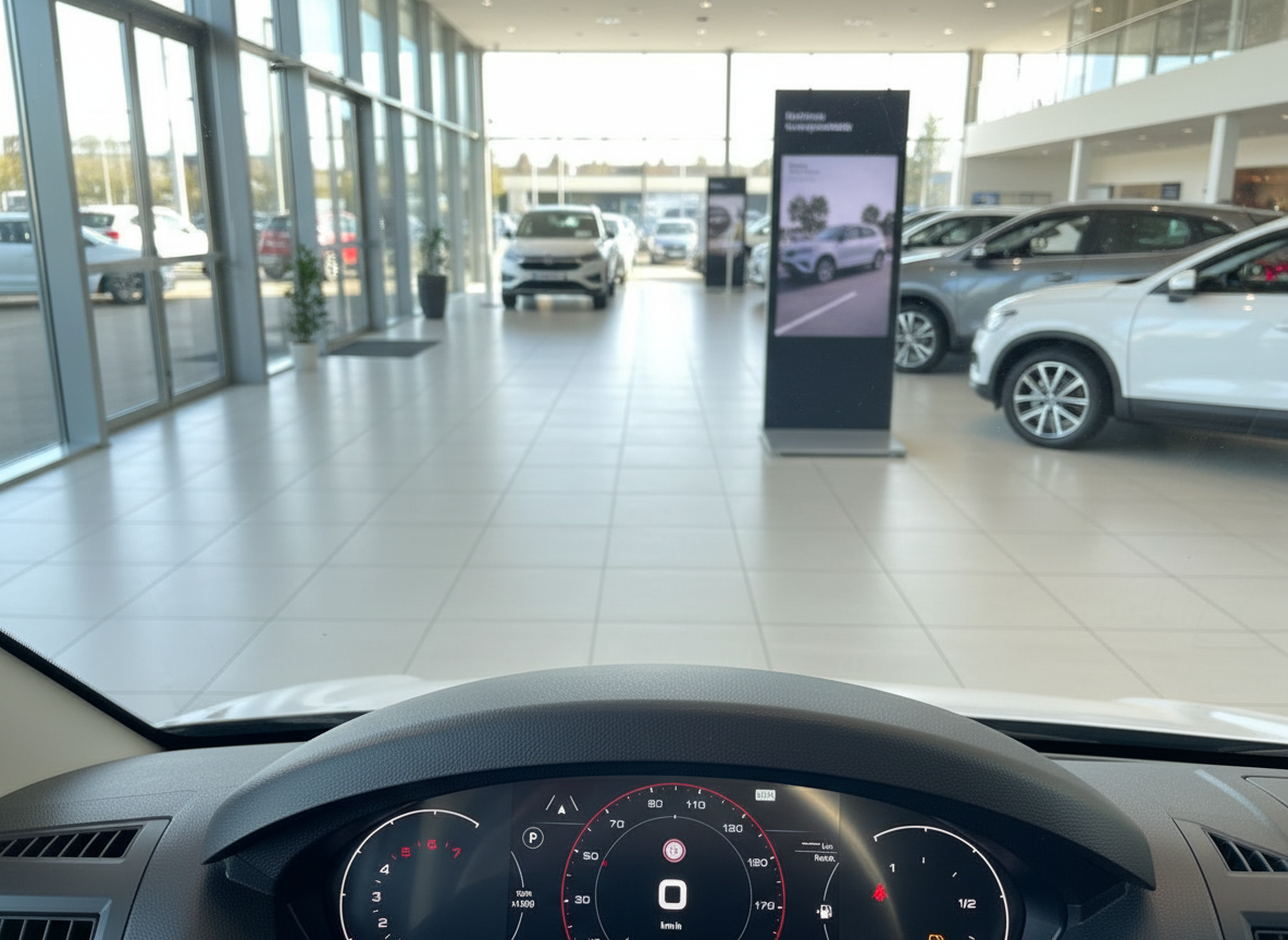 Innenraum eines Fahrzeugs mit Blick auf Armaturenbrett und Tachometer in modernem Autohaus