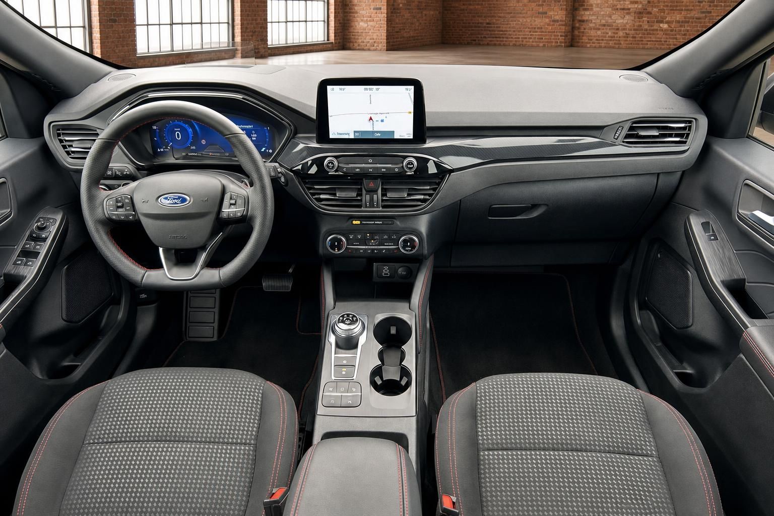 Ford Interieur Frontansicht mit Lenkrad, Touchscreen und Vordersitzen