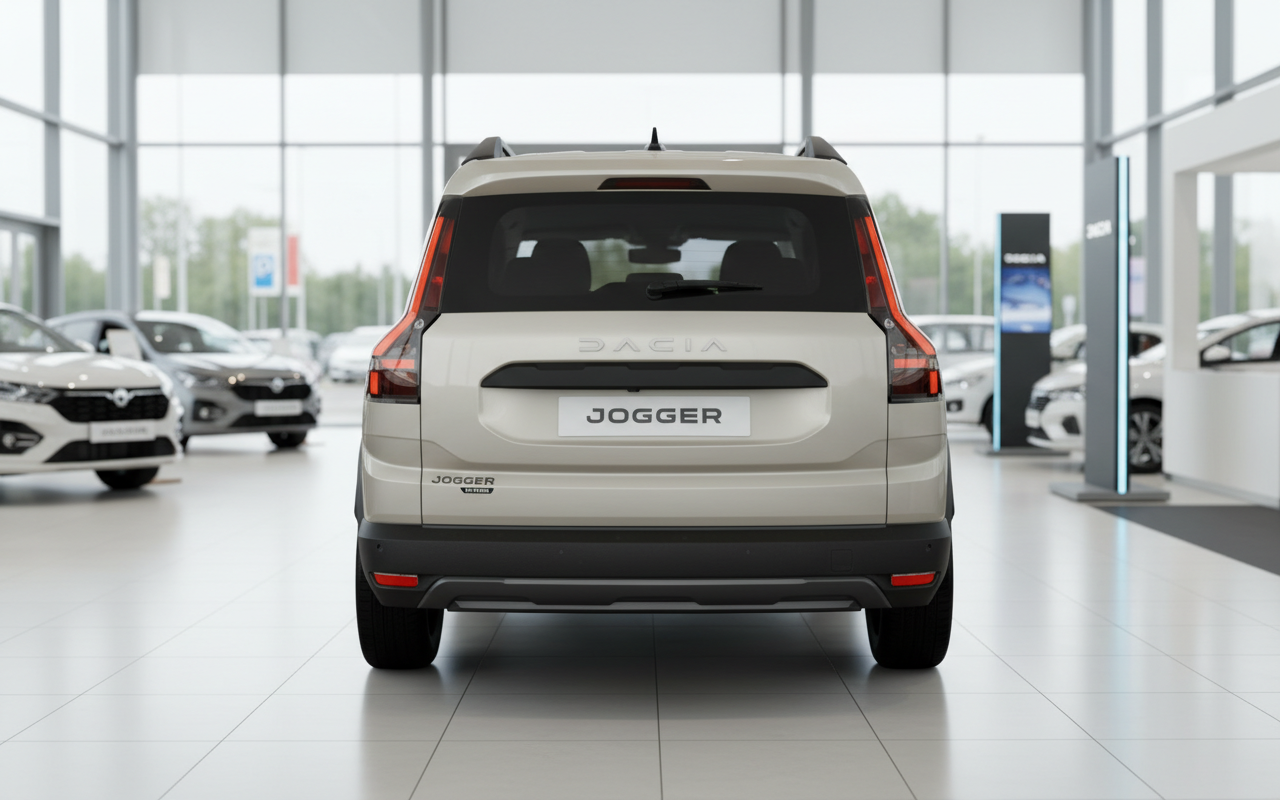 Dacia Jogger Hybrid Heckansicht in hellem Beige im Autohaus-Showroom