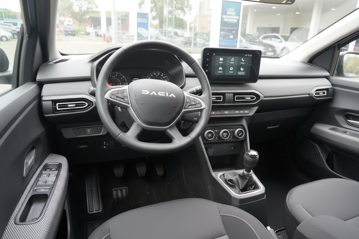 Dacia Innenraum mit Lenkrad, Touchscreen-Infotainment und manuellem Schaltgetriebe