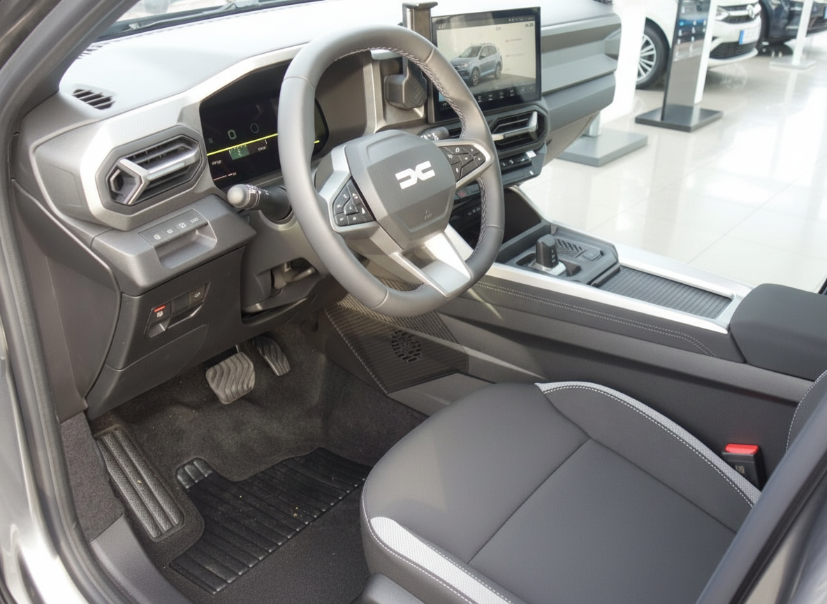 Dacia Innenraum mit Lenkrad, digitalen Displays und grauem Ledergestühl