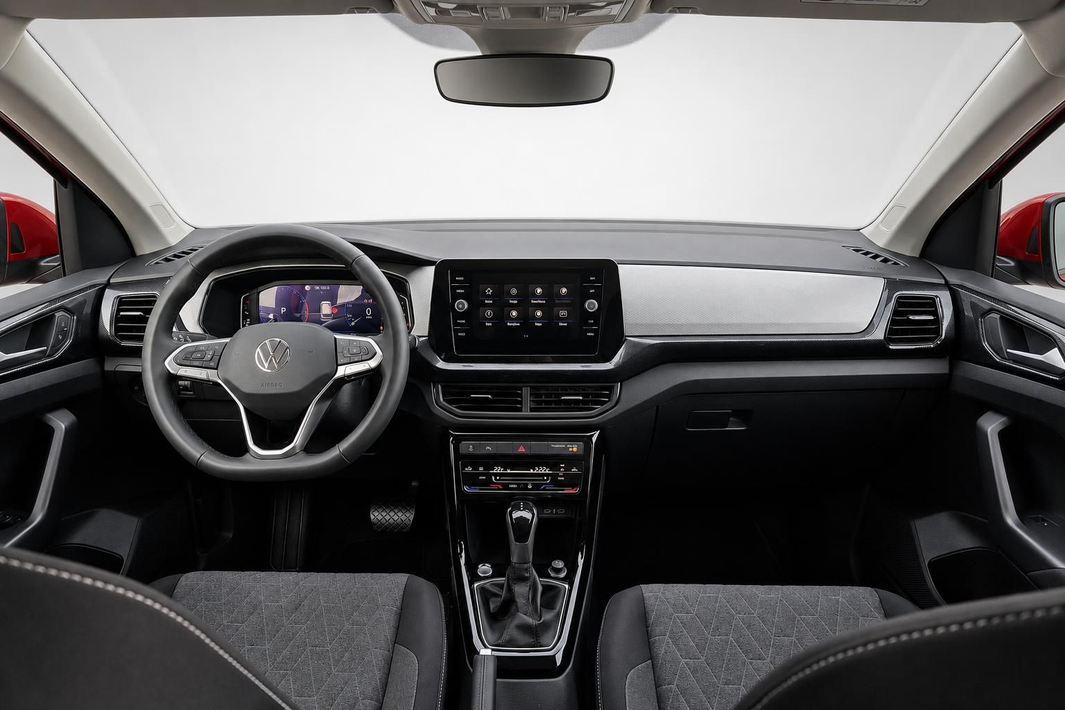VW Innenraum Cockpit Ansicht mit Lenkrad Display und Mittelkonsole