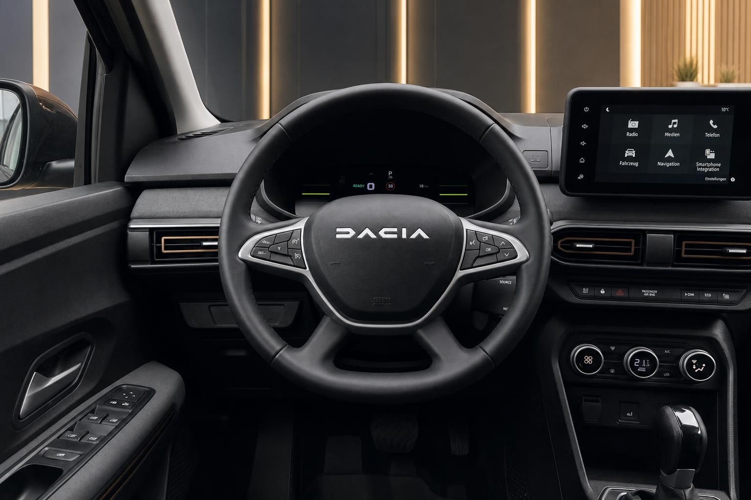 Dacia Fahrzeug Cockpit mit Lenkrad und Infotainment-Display im modernen Innenraum