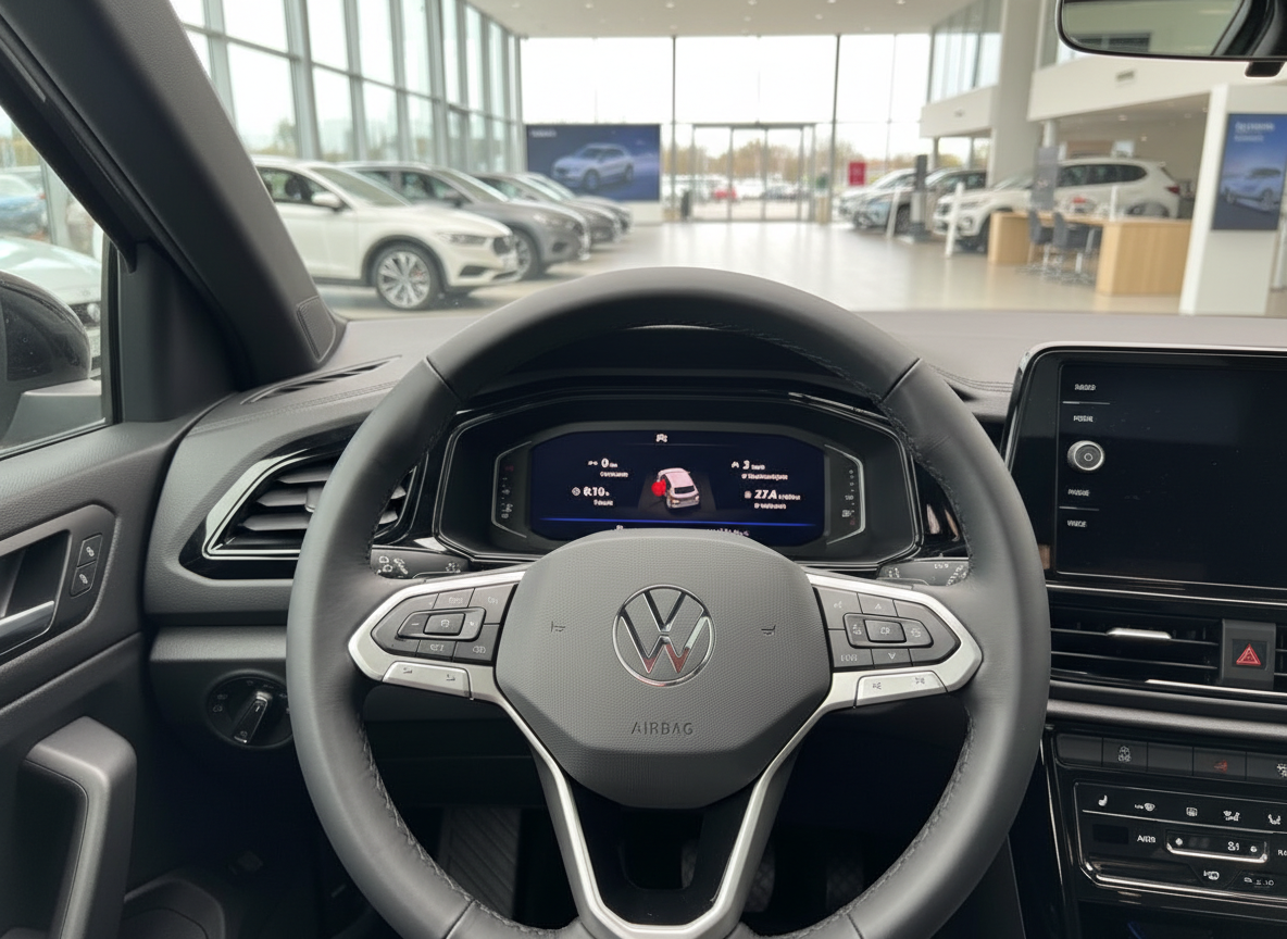 Volkswagen Innenraum mit Lederlenkrad, digitalem Cockpit und Infotainment-Display im Autohaus