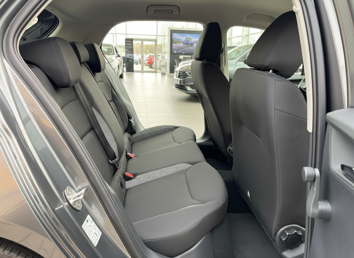 Innenraum Rücksitzbank eines Fahrzeugs mit schwarzem Stoffbezug im Autohaus