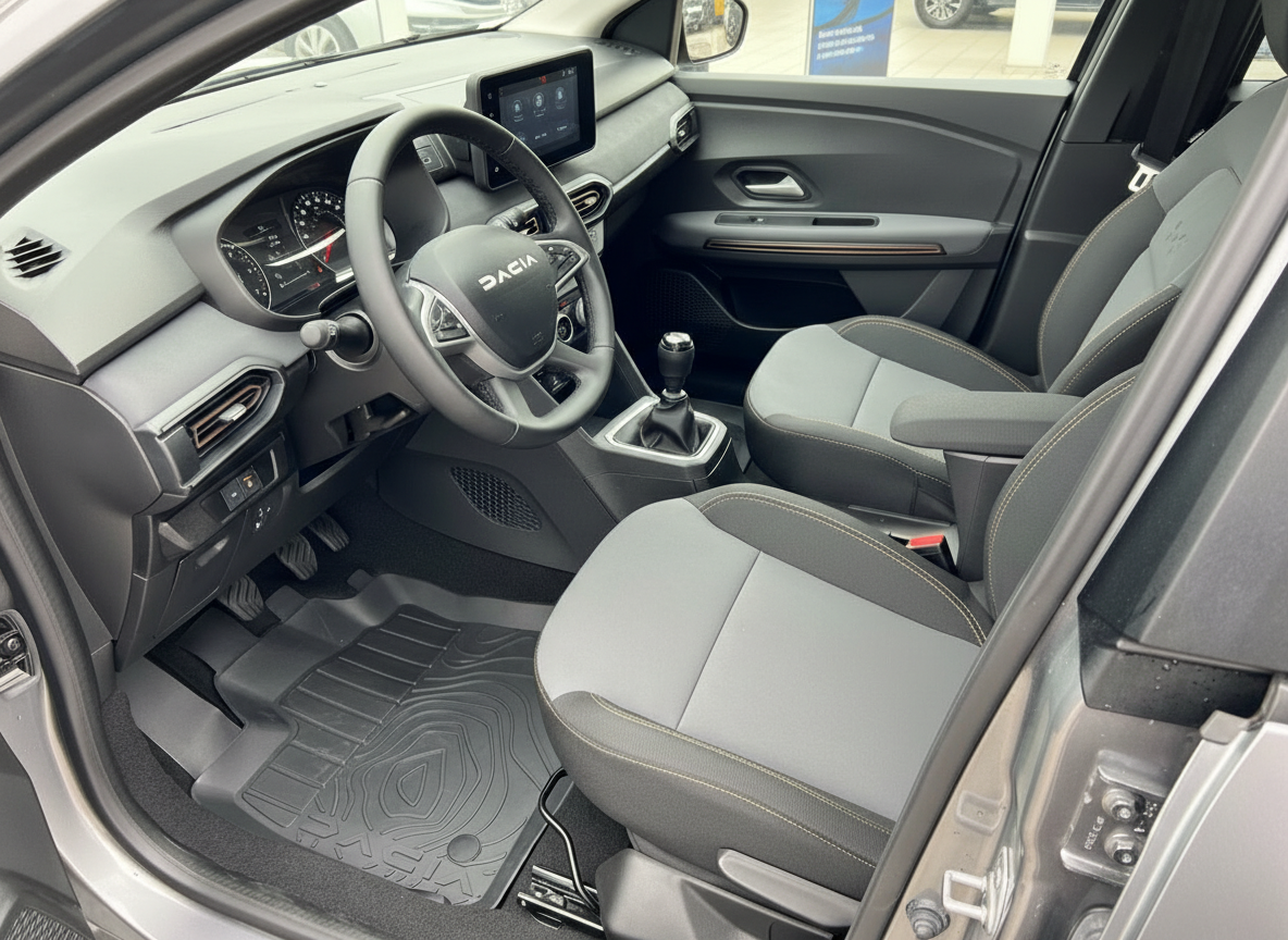 Dacia Sandero Innenraum mit Lenkrad, Touchscreen-Display und Stoffsitzen in Grau-Schwarz