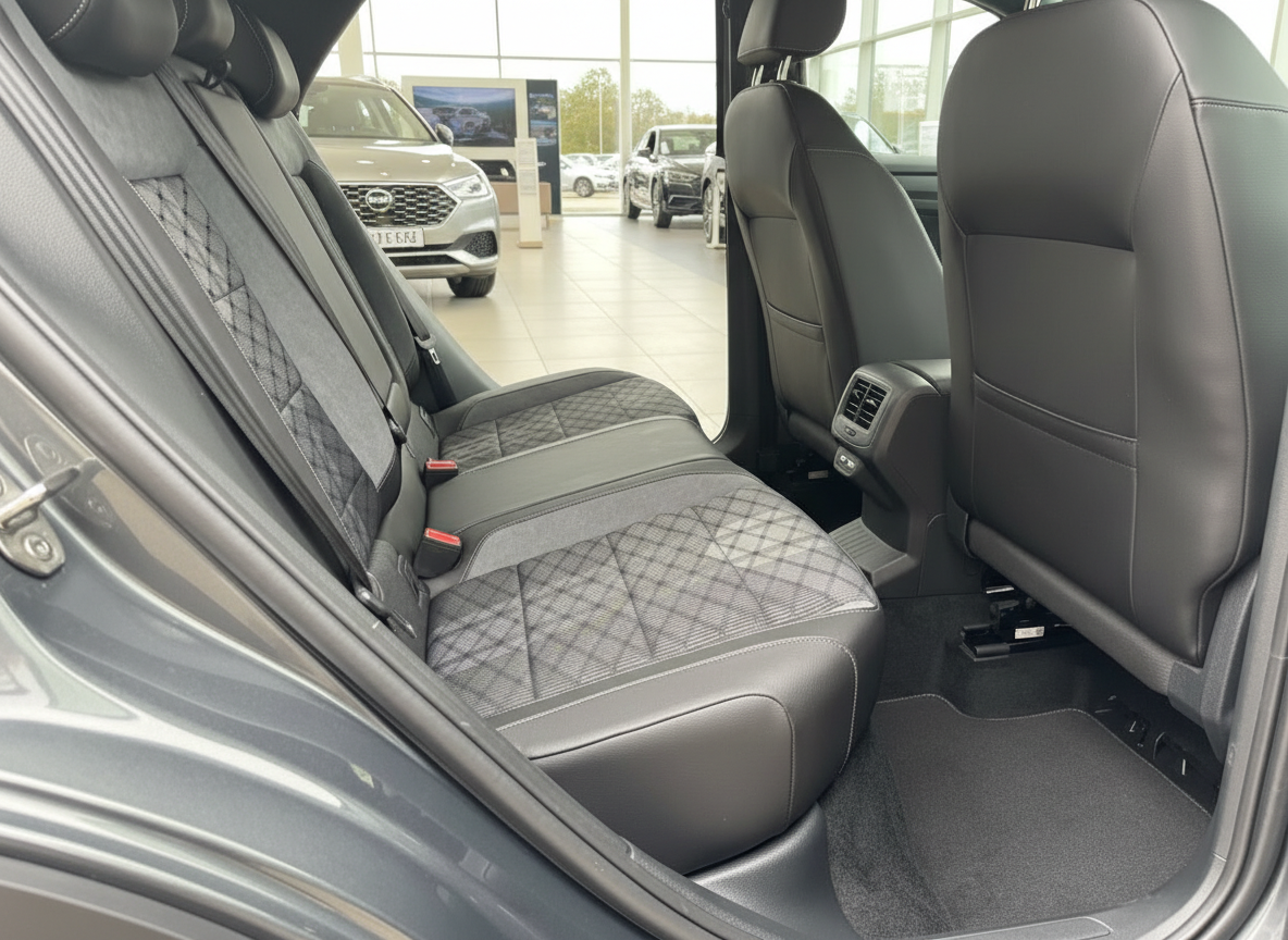 Fahrzeug Innenraum Rücksitzbank mit schwarzem Leder und Rautenmuster im Autohaus