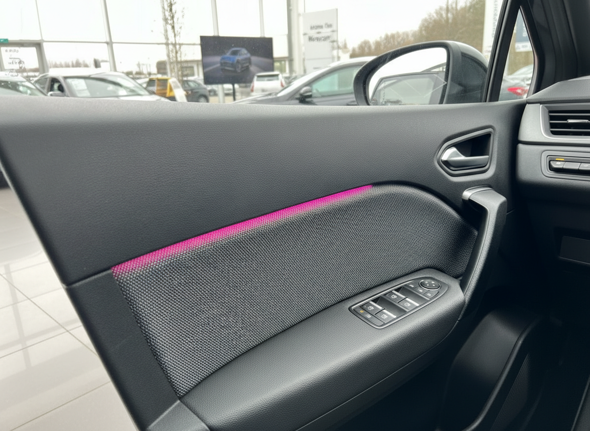 Fahrzeugtür Innenverkleidung mit pinkem Akzent und Fensterheberschalter
