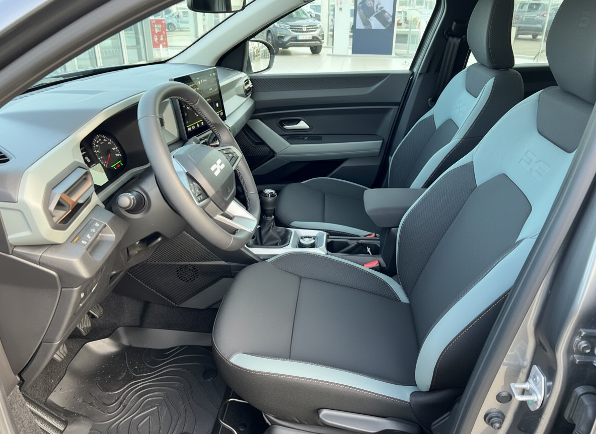 Modernes SUV Innenraum mit hellblau-schwarzen Sportsitzen und digitalem Cockpit